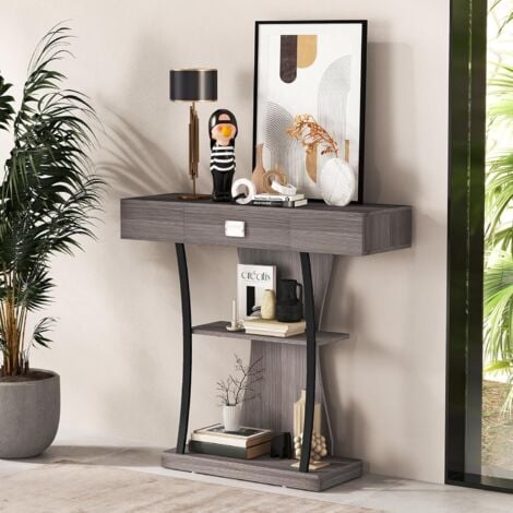 COSTWAY Tavolo Consolle in Legno, Tavolo Ingresso con Cassetti, Ripiani e 2 Kit Anti-ribaltamento, Tavolo Multiuso e Salvaspazio per Salotto, Camera da Letto e Corridoio, 91 x 30 x 88 cm (Grigio)