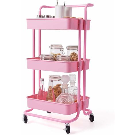 COSTWAY Carrello con 3 Cesti e Maniglia, Carrello Multifunzione con Ruote, Carrellino di Stoccaggio per Bagno Cucina e Ufficio, 87 x 35 x 42 cm (Rosa)