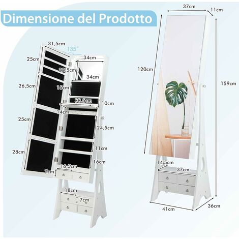 Armadio portagioie con 14 luci LED, Armadio per gioielli con specchio a  figura intera, Bianco - Costway