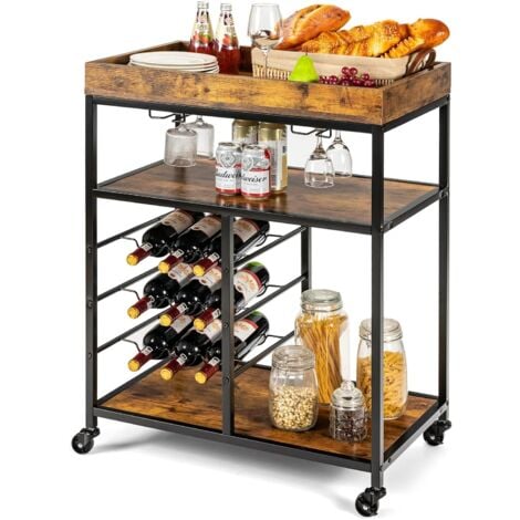 COSTWAY Carrello da Servizio con Ruote, Carrello da Cucina con 3 Livelli e Vassoio Pazioso, Carrello Portabottiglie per Bar Ristorante Cucina, 71x44x93,5 cm
