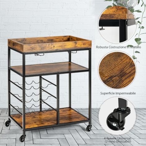 COSTWAY Carrello da Servizio con Ruote, Carrello da Cucina con 3 Livelli e Vassoio Pazioso, Carrello Portabottiglie per Bar Ristorante Cucina, 71x44x93,5 cm