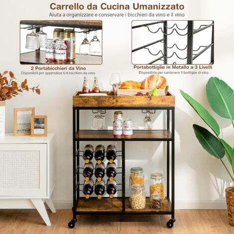 COSTWAY Carrello da Servizio con Ruote, Carrello da Cucina con 3 Livelli e Vassoio Pazioso, Carrello Portabottiglie per Bar Ristorante Cucina, 71x44x93,5 cm
