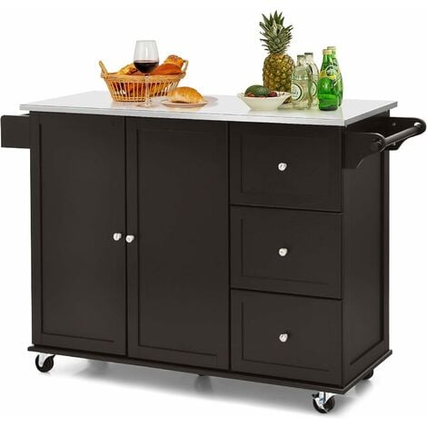 COSTWAY Carrello da Cucina, Isola da Cucina con Piano in Acciaio Inox, 3  Cassetti e Armadietto