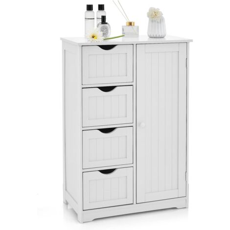 COSTWAY Mobiletto da Pavimento per Bagno con 4 Cassetti e 1 Anta, Mobile Multiuso con Ripiano Regolabile, Mobile da Terra in Legno per Soggiorno, Bagno, 56 x 30 x 82 cm (Bianco)