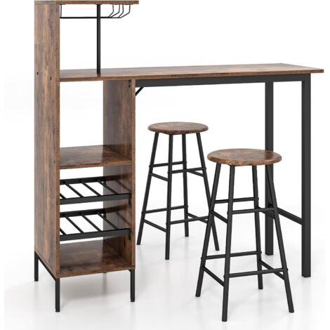 COSTWAY Set 3 Pezzi Tavolo e Sedie da Bar, Tavolo e Sgabelli da Pub Industriale con Porta Calici e 6 Portabottiglie da Vino, Set di Tavolo per Sala da Pranzo, Ristorante e Bar (Caffè)