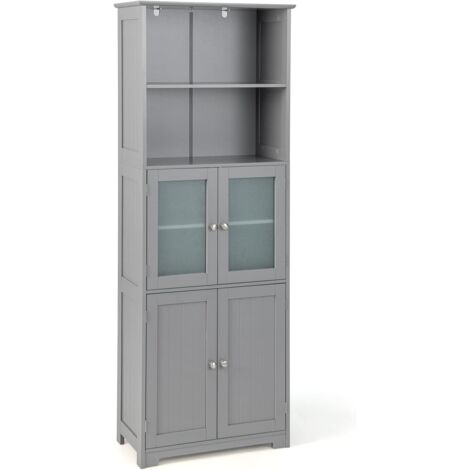 COSTWAY Armadio da Bagno, Mobiletto Alto da Terra con 2 Armadietti e Ripiani Regolabili, con Ante in Vetro, Mobile Portaoggetti Multiusi per Bagno Soggiorno, 60x30x163 cm (Grigio)