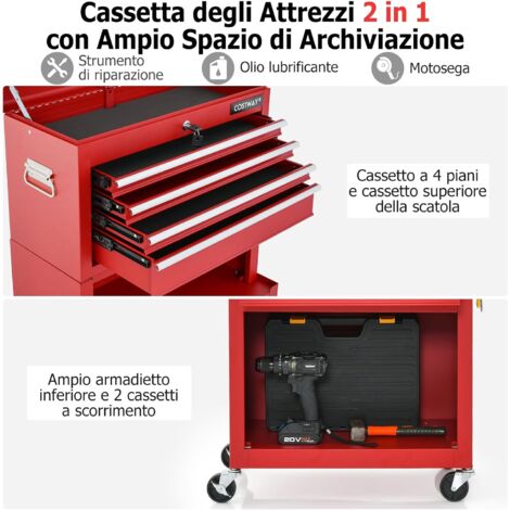 Cassettiera Portautensili COSTWAY 4 Cassetti Con Ruote - Carrello Attrezzi Regolabile, 59x28x102 Cm, Nero/Rosso - Foto 7