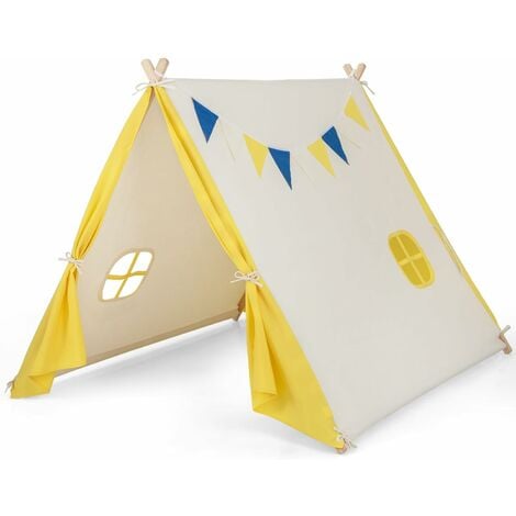 COSTWAY Tenda da Gioco per Bambini, Tenda Triangolare con Struttura in  Legno Massiccio, Tenda in Tela