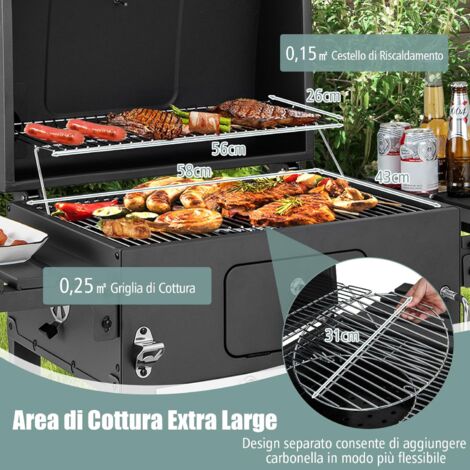 COSTWAY Barbecue a Carbone da Esterno a 2 Livelli, Barbecue all'Aperto in Metallo con 2 Ruote, 2 Tavolini Laterali a Ribalta, 8 Ganci, Ideale per Picnic, Campeggio, 128 x 54 x 117 cm