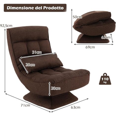 COSTWAY Poltrona da Terra Pieghevole, Poltrone da Divano Regolabile a 4 Posizioni, Sedia Imbottita con Base Girevole, per Studio, Soggiorno, Camera da Letto (marrone)