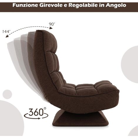 COSTWAY Poltrona da Terra Pieghevole, Poltrone da Divano Regolabile a 4 Posizioni, Sedia Imbottita con Base Girevole, per Studio, Soggiorno, Camera da Letto (marrone)