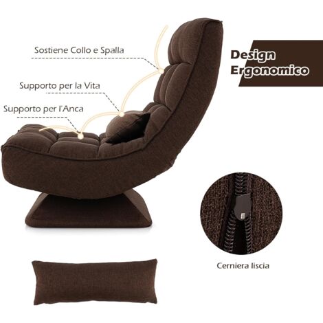 COSTWAY Poltrona da Terra Pieghevole, Poltrone da Divano Regolabile a 4 Posizioni, Sedia Imbottita con Base Girevole, per Studio, Soggiorno, Camera da Letto (marrone)