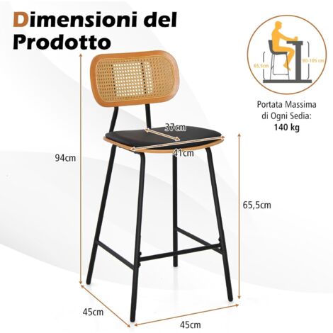 Zesthouse Set 2 Sgabelli Da Bar In Rattan E Ecopelle Marrone - Altezza 66 Cm, Gambe Cromate, Stile Boho