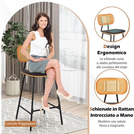 EALSON Set Di 2 Sgabelli Da Bar Con Schienale In Rattan Intrecciato, Design Mid-Century, Seduta Imbottita In Ecopelle Bianca, Gambe In Legno Massello, Altezza Seduta 64 Cm, Portata 136 Kg