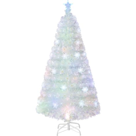 COSTWAY Albero di Natale Pre-illuminato in Fibra Ottica da 120/150/180cm, Albero di Natale Bianco con Foglie Iridescenti, Luci a LED a Fiocco di Neve Multicolore, Luce Superiore a Stella (120 CM) (1/4)
