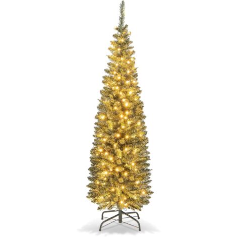 COSTWAY Albero di Natale Slim da 150/180 CM, Albero di Natale Artificiale con 296/390 Punte di Ramo, 150/180 Luci LED Bianche Calde, Supporto Pieghevole in Metallo (150 cm) (1/5)