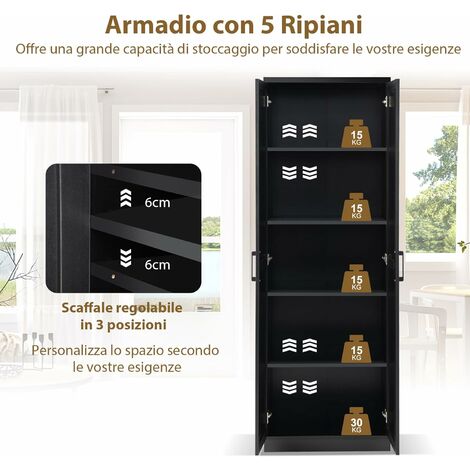 Armadio 2 ante con 5 ripiani regolabili in altezza. Materiale