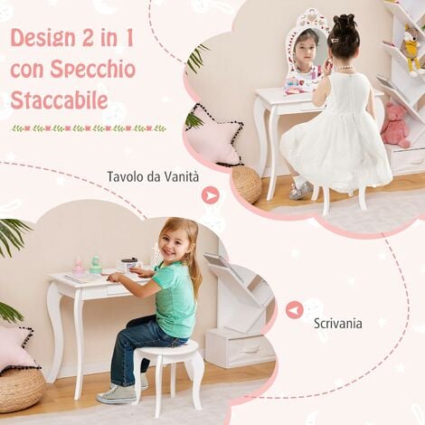 COSTWAY Toeletta Trucco Bambina e Sgabello, Tavolo da Trucco per Bambini 2  in 1 con Specchio