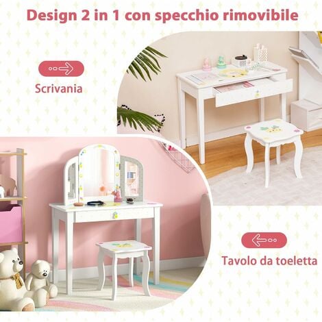 COSTWAY Set Tavolo e Sedia da Toeletta per Bambini, Tavolo da Toeletta per  Bambini con Specchio