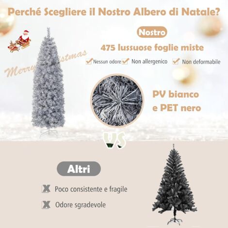 COSTWAY Albero di Natale Slim Pre-illuminato 150/180 CM, Albero di Natale Innevato con 120/140 Luci LED Bianche Calde, 249/334 Rami e 8 Modalità di Illuminazione e Vaso (180 CM