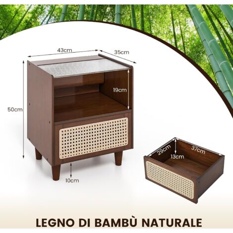 Comodino Bohémien Con Cassetti In Rattan – Legno E Ferro, 39x30x54 Cm