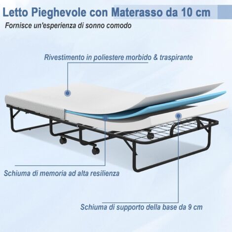 Letto Brandina Pieghevole, con Materasso in Memory Foam 4 Ruote Girevoli, Trapuntatura a Onda con Imbottitura a Doppia Fibra, 200x80x40cm, Mad | Leroy Merlin