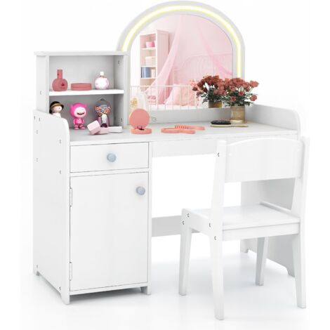 COSTWAY 2 en 1 Bureau Enfants avec Chaise & 120 Lumières LED, Coiffeuse Enfants Fille avec Miroir Acrylique, 2 Etagères & Tiroir, Dispositif Anti-basculement, Charge 50kg pour Enfants de 3 Ans+