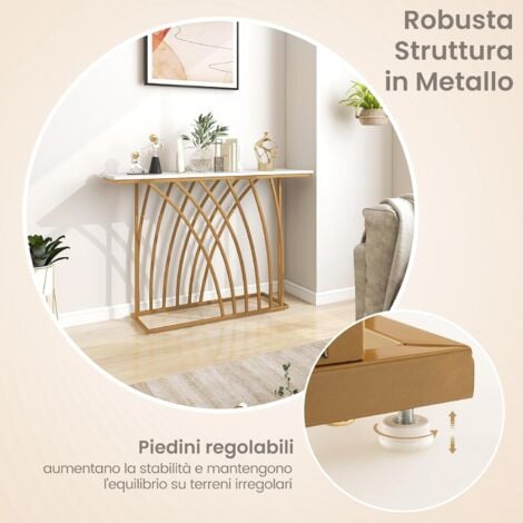 COSTWAY Tavolo Consolle Dorato da 120 CM, Tavolo da Ingresso Moderno con Piano Effetto Marmo Bianco, Base Geometrica, Tavolo Lungo e Stretto da Divano per Soggiorno e Ingresso