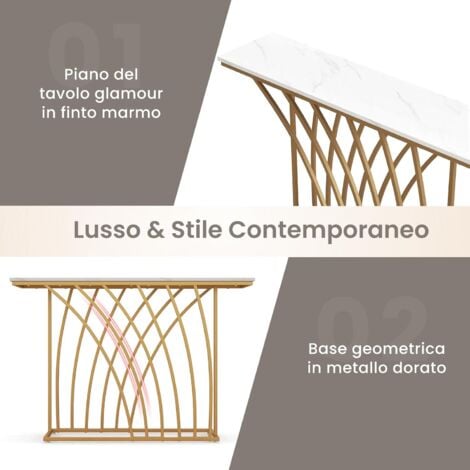 COSTWAY Tavolo Consolle Dorato da 120 CM, Tavolo da Ingresso Moderno con Piano Effetto Marmo Bianco, Base Geometrica, Tavolo Lungo e Stretto da Divano per Soggiorno e Ingresso