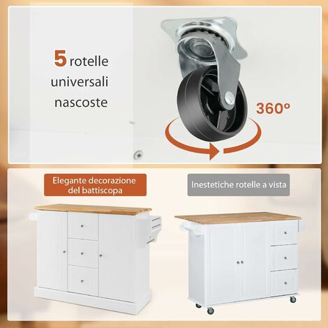 COSTWAY Carrello da Cucina con Rotelle Nascoste, Isola da Cucina in Legno  con 3 Cassetti e