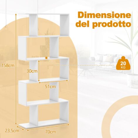 COSTWAY Scaffale a 5 Ripiani in Legno, Libreria Geometrica a Forma di S con Dispositivo Antiribaltamento, per Soggiorno Ufficio Camera da Letto, 70 x 23,5 x 158 cm (Bianco)