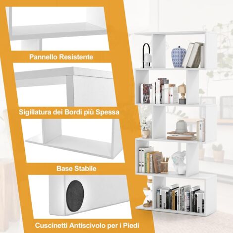 COSTWAY Scaffale a 5 Ripiani in Legno, Libreria Geometrica a Forma di S con Dispositivo Antiribaltamento, per Soggiorno Ufficio Camera da Letto, 70 x 23,5 x 158 cm (Bianco)