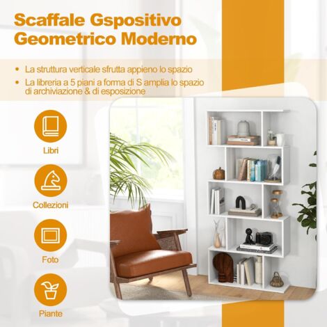 COSTWAY Scaffale a 5 Ripiani in Legno, Libreria Geometrica a Forma di S con Dispositivo Antiribaltamento, per Soggiorno Ufficio Camera da Letto, 70 x 23,5 x 158 cm (Bianco)
