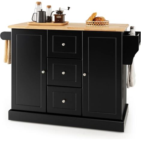 COSTWAY Carrello da Cucina con Rotelle Nascoste, Isola da Cucina in Legno con 3 Cassetti e 2 Armadietti, Credenza da Cucina con Barra Laterale per Asciugamani e Portaspezie, 127x46x91,5cm (Nero) (1/5)
