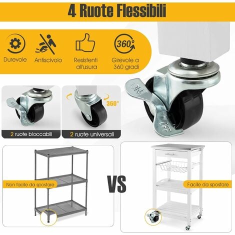 Carrello di bambù per cucina con 3 livelli e 2 cassetti, Carrellino  girevole per cucina sala da pranzo salone - Costway