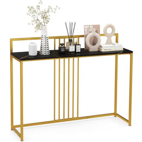COSTWAY Tavolo Consolle 120 cm, Tavolo d’Ingresso con Piano Effetto Marmorino e Sponda, Consolle con Struttura in Metallo Dorato per Salotto, Corridoio e Ingresso (Nero)