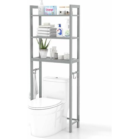 COSTWAY Scaffale Sopra WC, Mobile per Bagno in Metallo con Dispositivo  Antiribaltamento, 3 Ganci, Supporto per