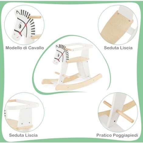 Cavallo a dondolo in legno con recinzione rimovibile movimento dolce a  11-22°, Gioco per bambin 3 anni+ Bianco - Costway