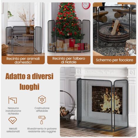 Parascintille Camino HOMCOM Pieghevole - 3 Pannelli Metallici, 96x56 Cm, Nero, Per Sicurezza