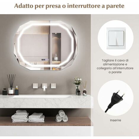 Specchio LED rotondo da bagno a parete, Specchio impermeabile con  luminosità e temperatura del colore regolabili - Costway