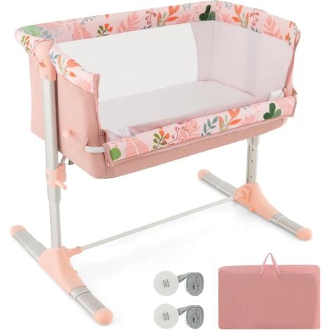 COSTWAY Lettino Pieghevole per Bambini, Culla Laterale Portatile, Culla con 4 Altezze Regolabili, Piedini Ritrattili, Materasso Morbido e Borsa Trasportabile, Rosa, per Bambini 0-5 Mesi