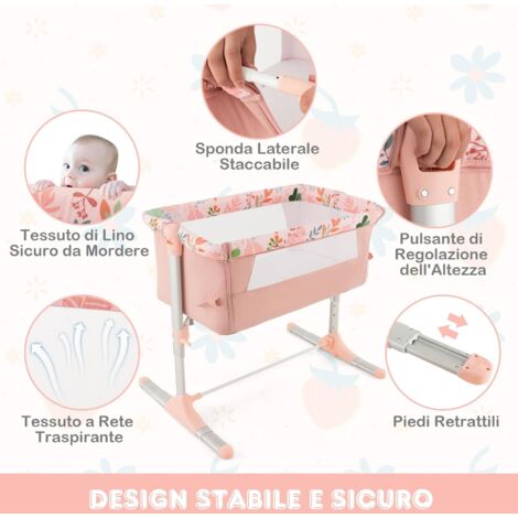 COSTWAY Lettino Pieghevole per Bambini, Culla Laterale Portatile, Culla con 4 Altezze Regolabili, Piedini Ritrattili, Materasso Morbido e Borsa Trasportabile, Rosa, per Bambini 0-5 Mesi