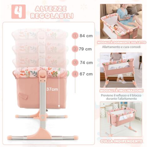 COSTWAY Lettino Pieghevole per Bambini, Culla Laterale Portatile, Culla con 4 Altezze Regolabili, Piedini Ritrattili, Materasso Morbido e Borsa Trasportabile, Rosa, per Bambini 0-5 Mesi