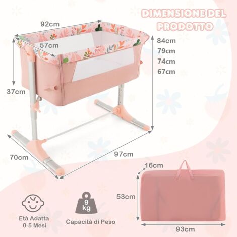 COSTWAY Lettino Pieghevole per Bambini, Culla Laterale Portatile, Culla con 4 Altezze Regolabili, Piedini Ritrattili, Materasso Morbido e Borsa Trasportabile, Rosa, per Bambini 0-5 Mesi