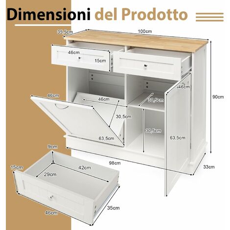 COSTWAY Credenza Cucina con 42L Pattumiera, Mobile per Pattumiera  Ribaltabile con Piano in Legno di Gomma