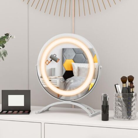COSTWAY Specchio da Tavolo 30 CM, Specchio per Trucco con Luci LED a 3 Colori Controllo Tattile Intelligente, Rotazione a 360°, Specchio Rotondo con Cornice in Metallo, Bianco