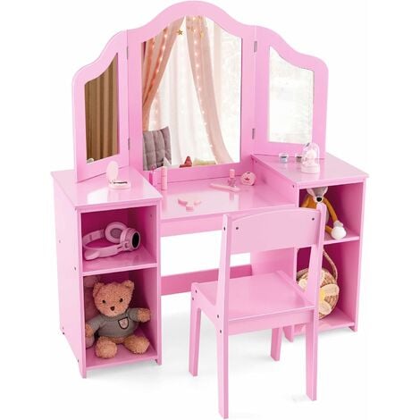 COSTWAY Set Toeletta per Bambini 2 in 1, Set Postazione Trucco in Legno con  Sedia, Specchio