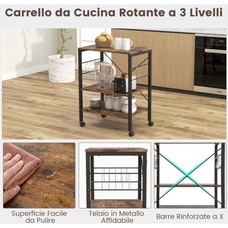 COSTWAY Scaffale per Cucina con Ruote, Carrello per Forno a Microonde con Ripiani Regolabili e 10 Ganci Rimovibili, Carrello Girevole con 3 Ripiani, per Soggiorno Ristorante Cucina (Marrone)