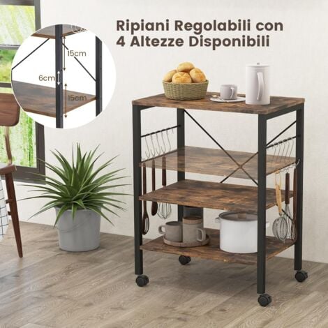 COSTWAY Scaffale per Cucina con Ruote, Carrello per Forno a Microonde con Ripiani Regolabili e 10 Ganci Rimovibili, Carrello Girevole con 3 Ripiani, per Soggiorno Ristorante Cucina (Marrone)