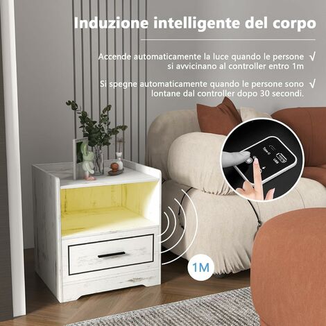 COSTWAY Comodino con LED, Comodino Intelligente con 2 Porte USB, Ripiano  Aperto e Cassetto, Luci a